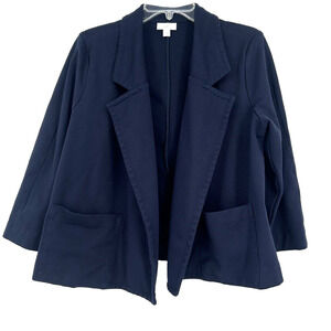 J Jill Open Front Jacket Blazer Navy Blue Pockets 3/4 Sleeves Stretch Size M